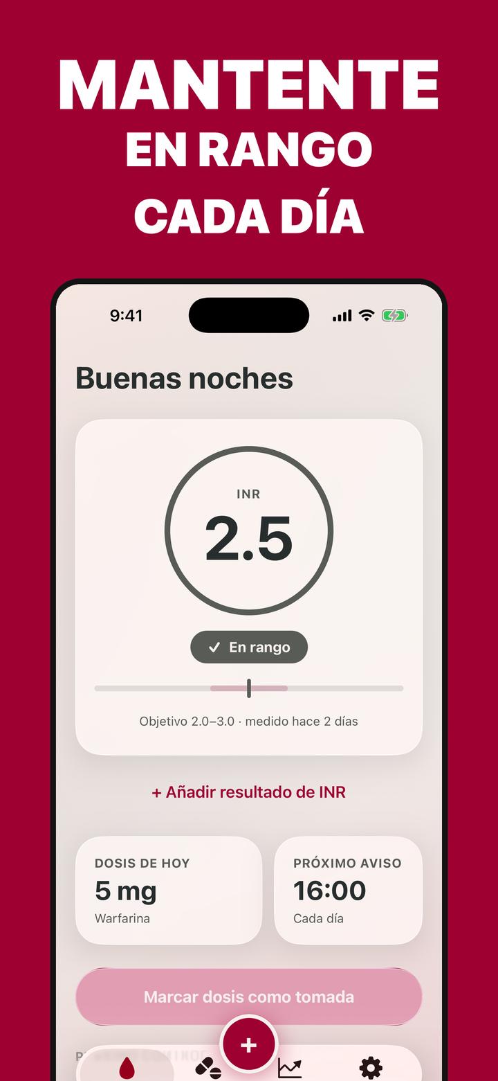 Pantalla de inicio de Coagly con un INR de 2,5 etiquetado en rango frente a un objetivo de 2,0 a 3,0