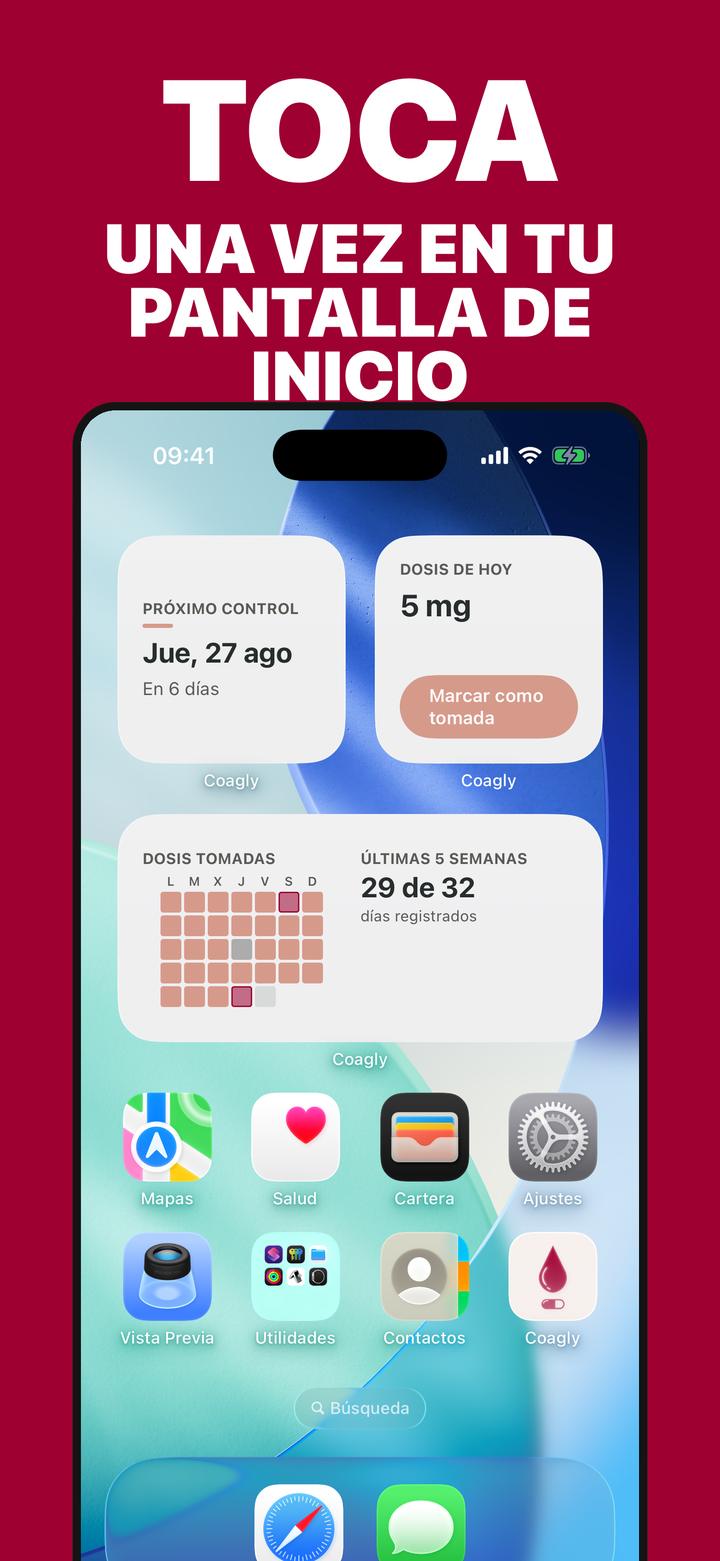 Widgets de Coagly con la dosis de warfarina de hoy y la fecha del próximo control de INR