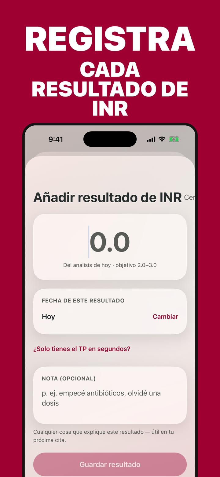 Añadiendo un resultado de INR de 2,6 en Coagly con la opción de introducir un TP en segundos