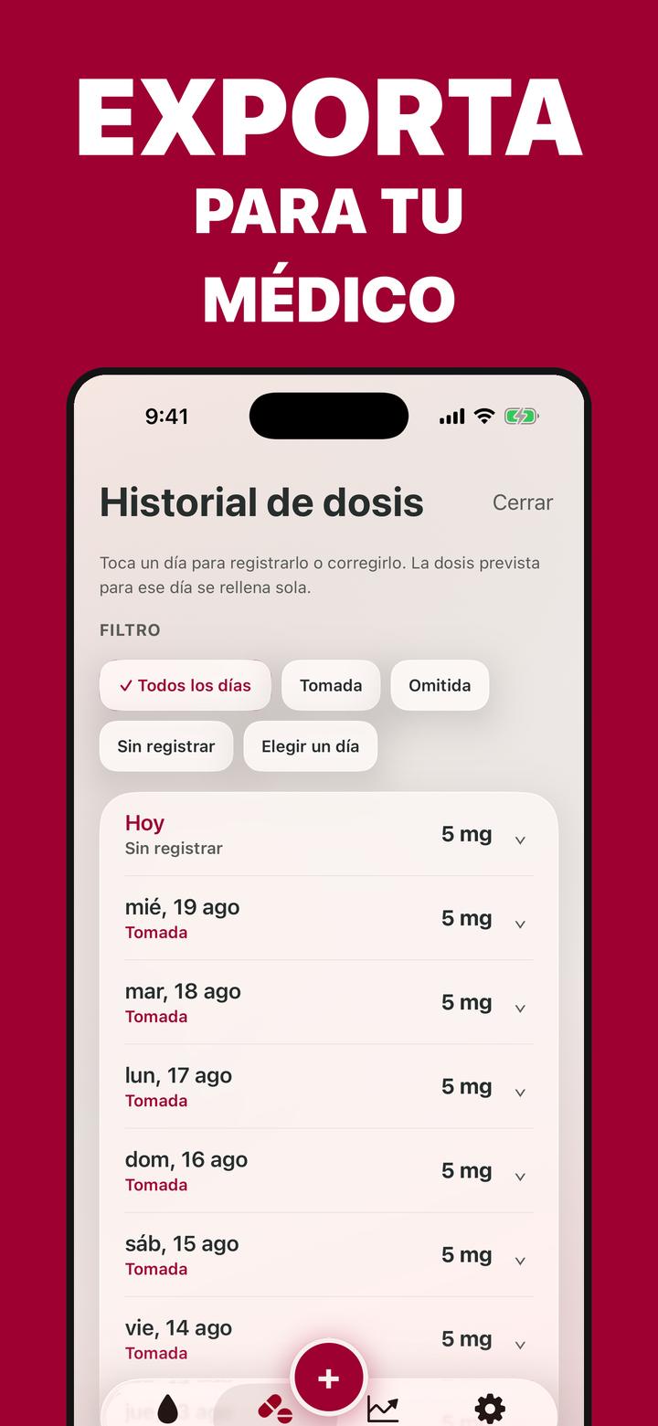 Historial de dosis de Coagly listo para exportar para el médico