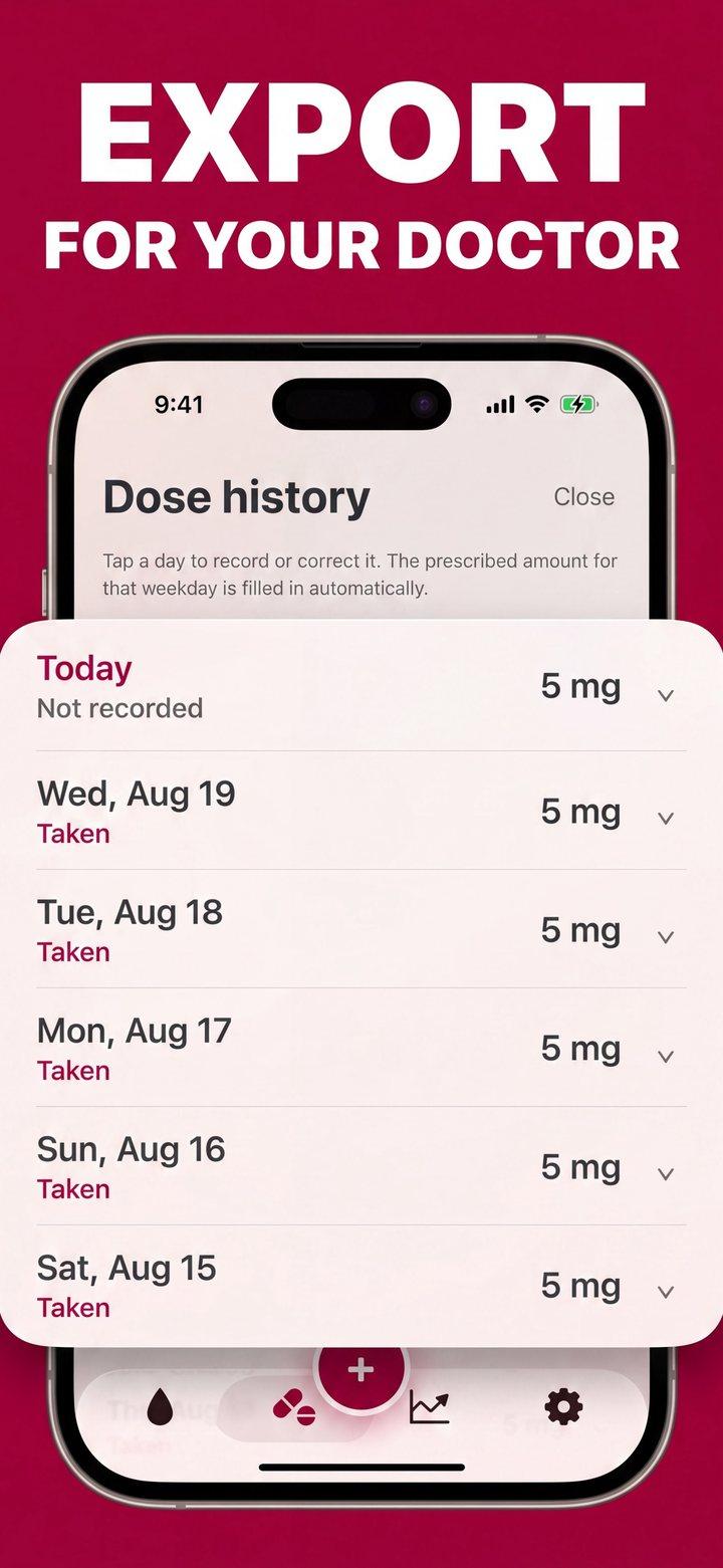 Coagly dose history list ready to export for a doctor